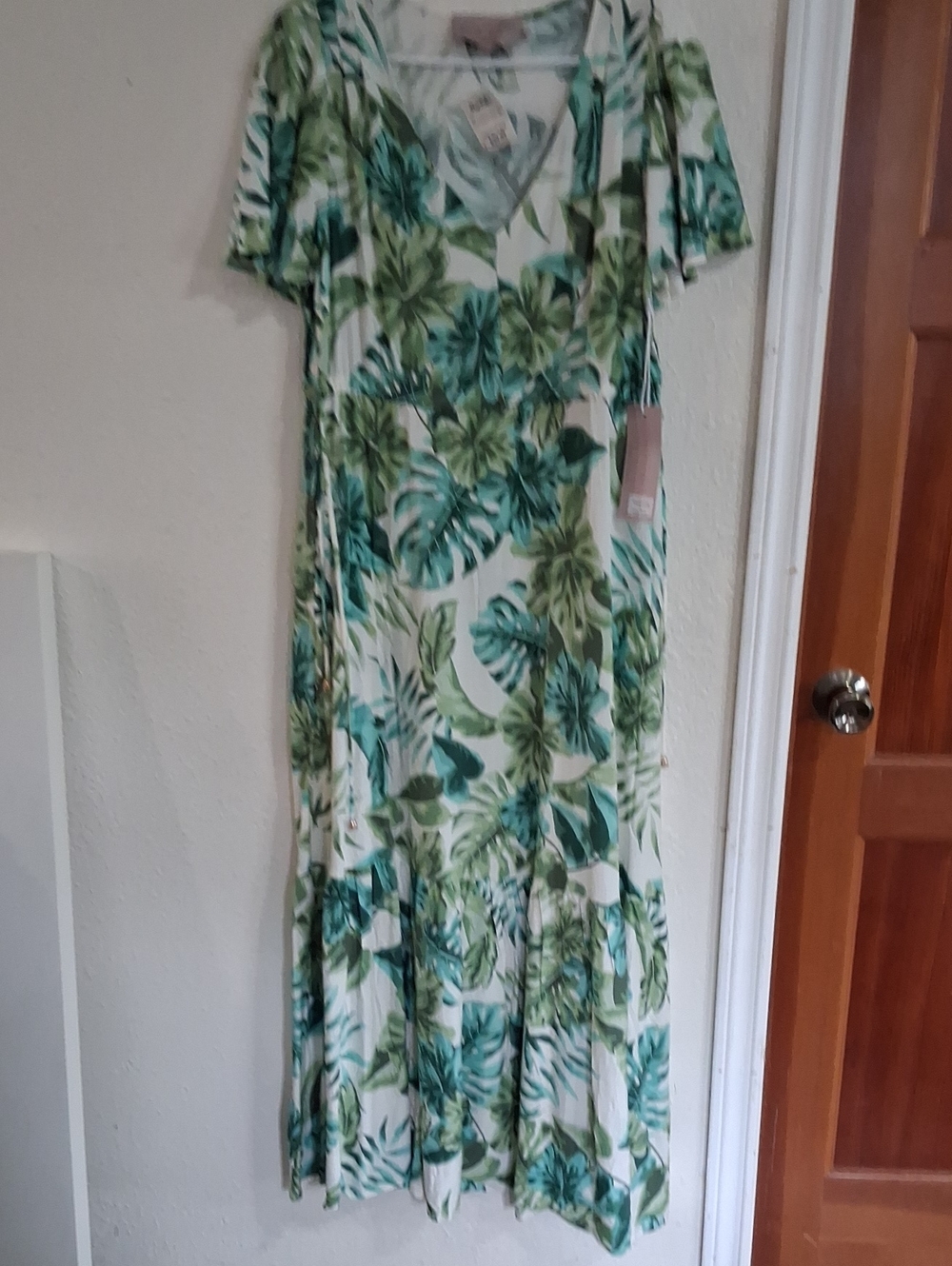 Green Tropical Leaf V-Neck Maxi Dress for Women